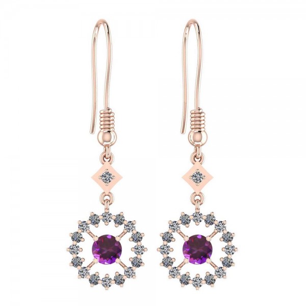 Certified 1.51 Ctw Amethyst And Diamond I1/I2 14K Rose Gold Wire Hook Earrings