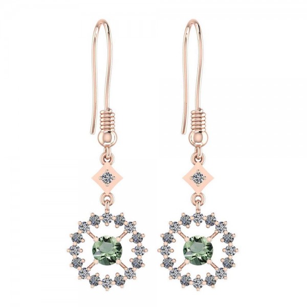 Certified 1.51 Ctw Green Amethyst And Diamond I1/I2 14K Rose Gold Wire Hook Earrings