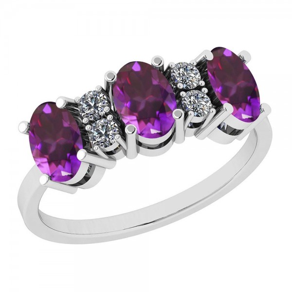 Certified 0.87 Ctw Amethyst And Diamond I1/I2 14K White Gold 3Stone Ring