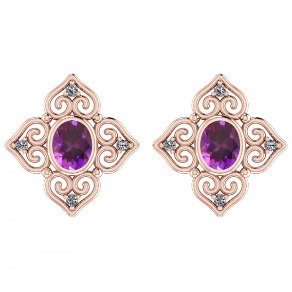 Certified 0.74 Ctw Amethyst And Diamond I1/I2 14K Rose Gold Stud Earrings