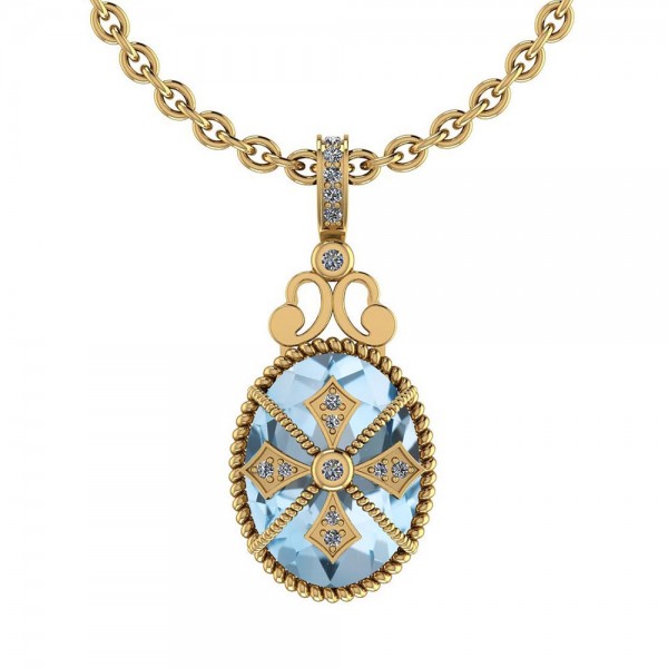 Certified 8.13 Ctw Blue Topaz And Diamond SI2/I1 14K Yellow Gold Pendant Necklace