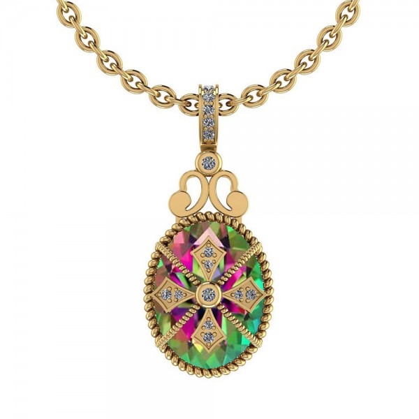 Certified 8.13 Ctw Mystic Topaz And Diamond SI2/I1 14K Yellow Gold Pendant Necklace