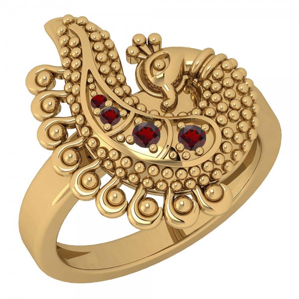 Certified 0.09 Ctw Garnet Victorian Style Indian Peacock Ring 14K Yellow Gold